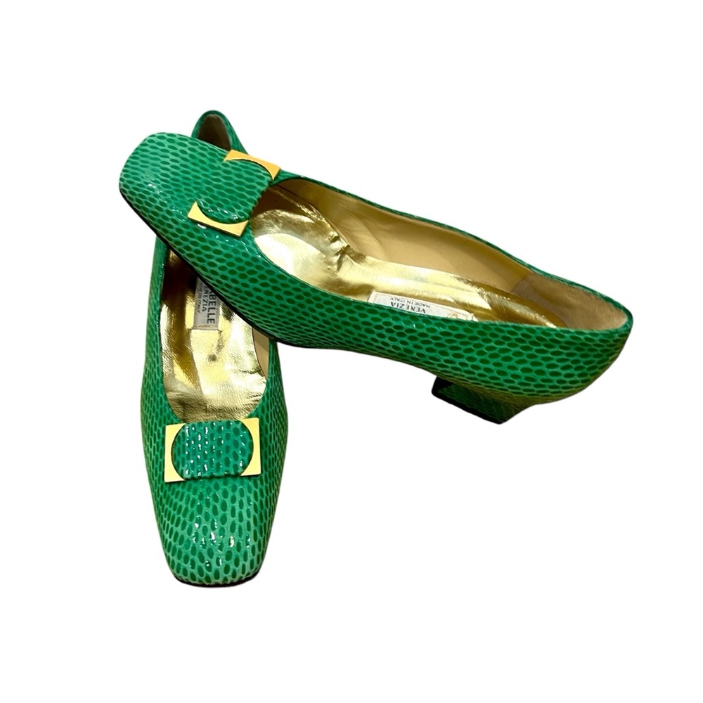 Italian Mirabelle Venezia Designer VTG 80s Green Heels 7.5 Animal Skin Italy
